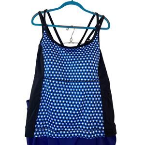 Lands End Tankini Swim Top 24W Blue Black White Polka Dot Vacation Cruise Beach